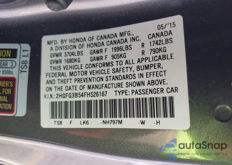 2015 Honda Civic Lx z USA, uszkodzony, nr VIN 2HGFG3B54FH526167